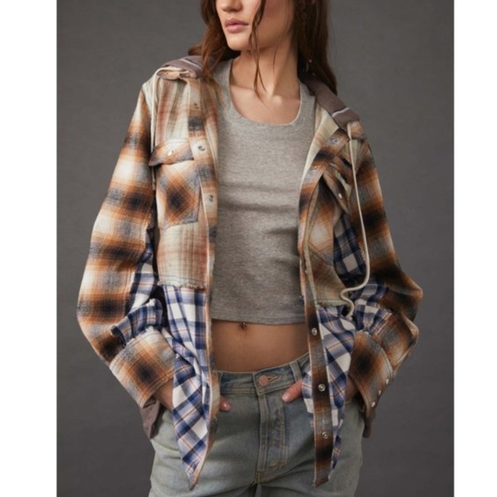 We The Free People BLUE RIDGE Mixed Plaid + Media Hoodie Hooded Jacket Shacket - Picture 5 of 16